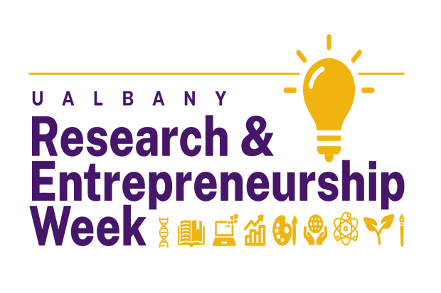 A purple and gold logo featuring a lightbulb and the text, 'UAlbany Research & Entrepreneurship Week.'