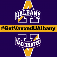 The split A UAlbany logo, with a split V logo with the word Vaccinated reflected underneath. The image also says #GetVaxxedUAlbany.