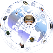 Globe-like model linking varied photos of world leaders