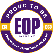 A circular purple and yellow logo for UAlbany EOP, including the words Established 1968 and Proud to Be.
