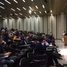 View of audience with stage on right during Filmmaking from Script to Screen event with Glen Trotiner.
