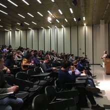 View of audience with stage on right during Filmmaking from Script to Screen event with Glen Trotiner.