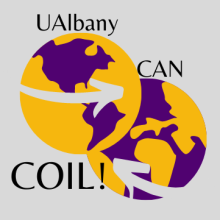 UAlbany Can COIL logo, with two purple and yellow globes with gray arrows.