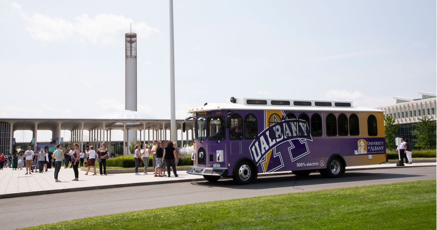 UAlbany Trolley picking up passengers in Collins Circle.