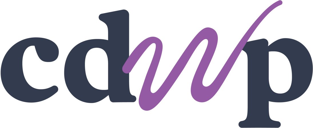 cdwp logo, cdp in navy lowercase letters, w in purple script
