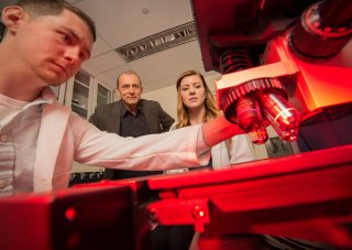 Igor Lednev and graduate students in his lab shine a laser on a dry sample.