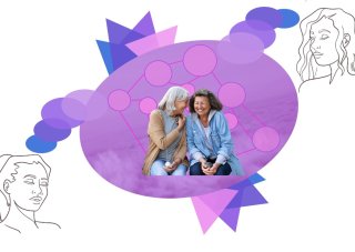 A graphic depicts two women laughing and collaboratively imagining.