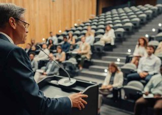 A communications professional leads a press conference in a lecture hall.