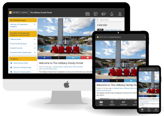 A desktop computer, tablet and cellphone stand in a line with the landing page of the UAlbany Family Portal showing on each device's screen.
