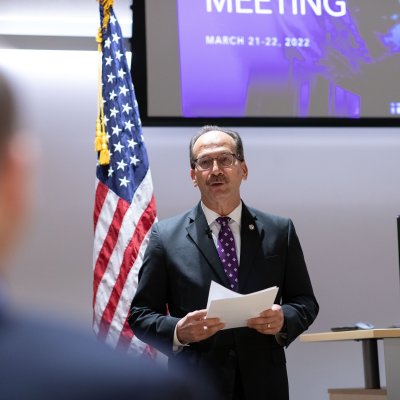 President Rodríguez speaks with attendees during a welcome at the WISER planning meeting on Monday..