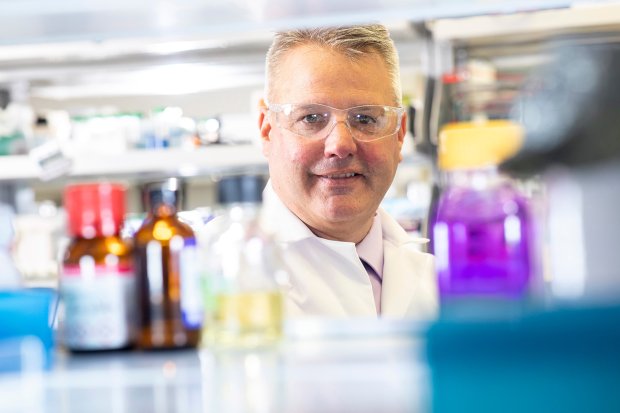 Thomas Begley in the RNA Institute lab 