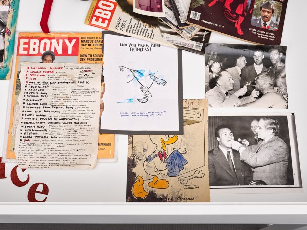 overhead view of a display case full of archival materials