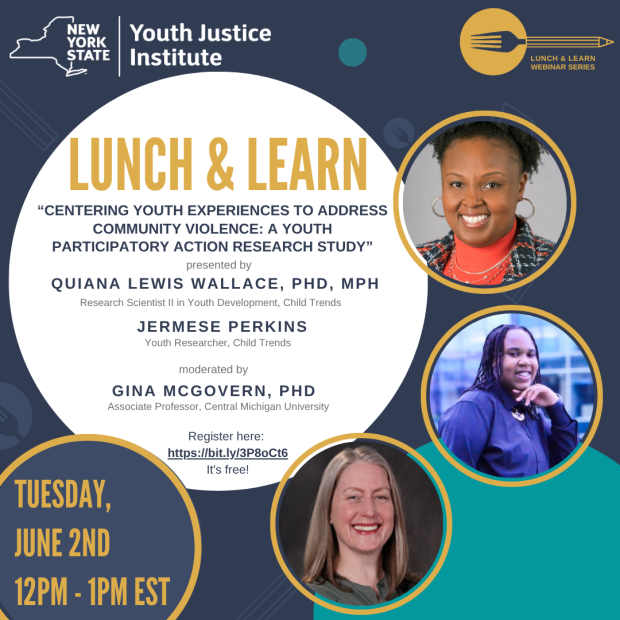 NYS Youth Justice Institute Lunch & Learn Webinar flyer. Centering Youth Experiences to Address Community Violence. Tuesday, June 2nd, 12–1PM EST. 