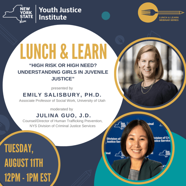 NYS Youth Justice Institute Lunch & Learn Webinar flyer. High Risk or High Need? Understanding Girls in Juvenile Justice.