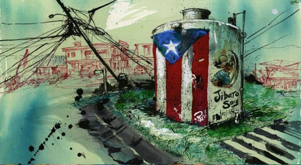 Piece of artwork depicting hurricane aftermath in Puerto Rico
