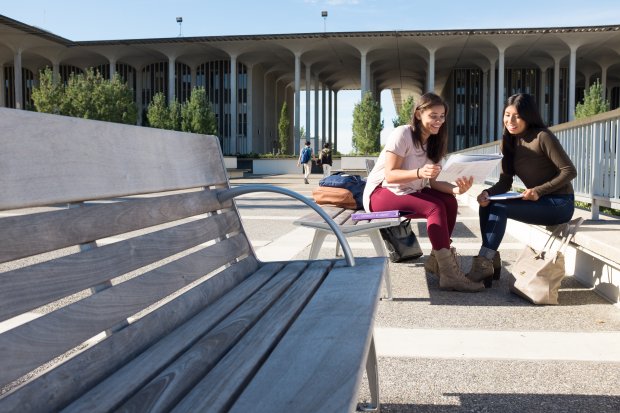 Two students sit together on a bench to study during a sunny day on campus