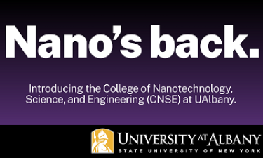 A image featuring a purple background with white text saying: "Nano's back. Introducing the College of Nanotechnology, Science, and Engineering (CNSE) at UAlbany" over the University at Albany Minerva logo.