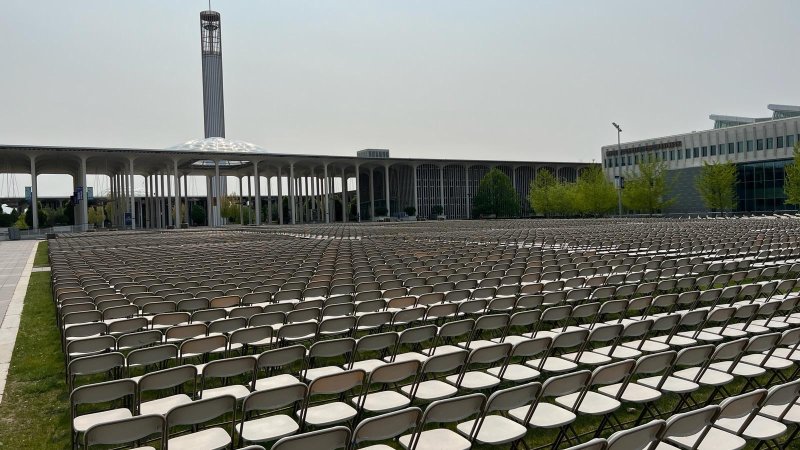 Empty chairs set up on UAlbany's Entry Plaza lawn ahead of Commencement.
