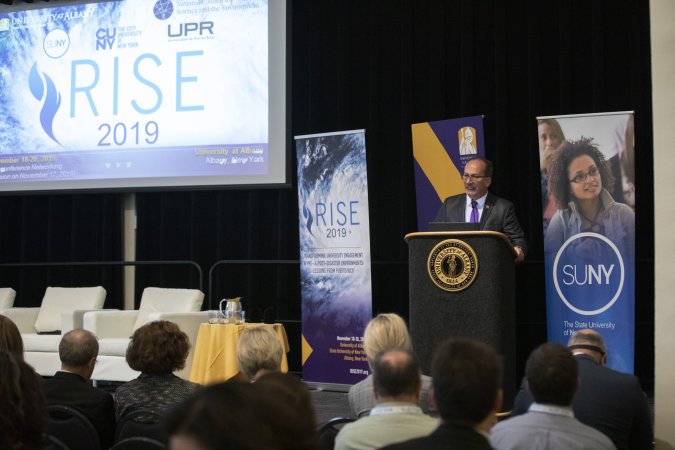 President Rodríguez offers remarks from the RISE 2019 conference inside UAlbany's Campus Center Ballroom.