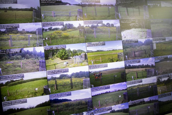 A TV screen displays real time camera images from Mesonet sites across New York.