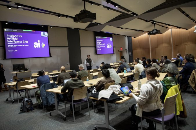 Eric Stern speaks to full room of faculty at UAlbany's Institute for Artificial Intelligence Town Hall.