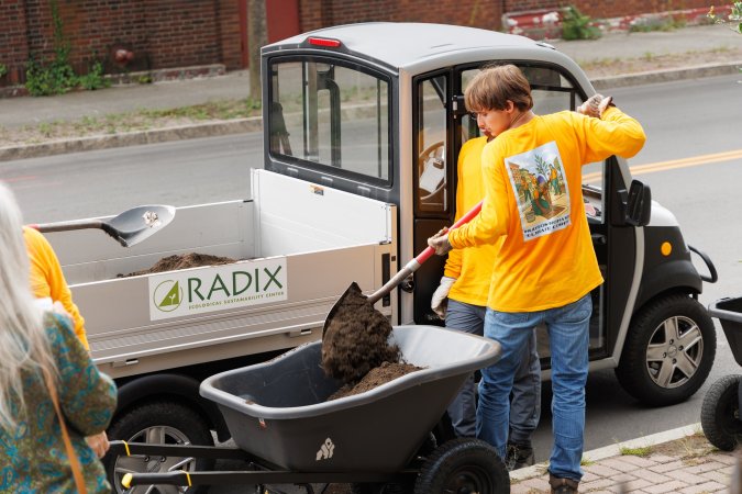 UAlbany students wearing yellow shirts prepare soil from a Radix truck for tree planting on South Pearl Street.