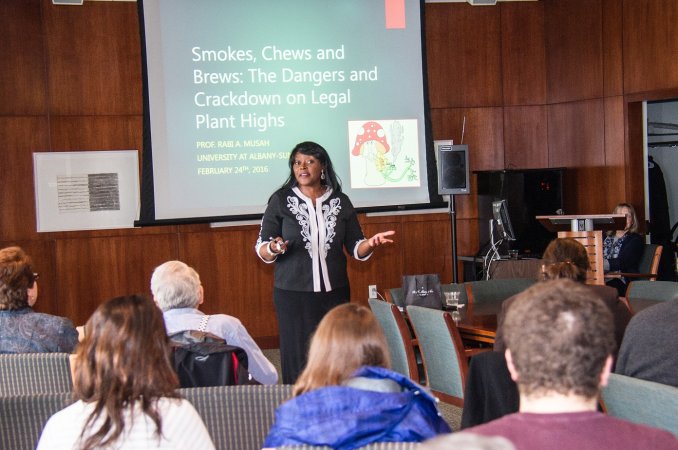 Rabi Musah presents during the “Campus Conversations in Standish" series on campus.