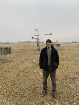 Craig Ferguson stands in front of weather monitoring instrumentation at the USDA Goodwater Creek Experimental Watershed Long Term Agroecosystem Research site in Columbia, Mo.