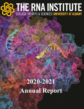The RNA Institute 2020-2021 Annual Report cover depicting colorful RNA polymerase II.