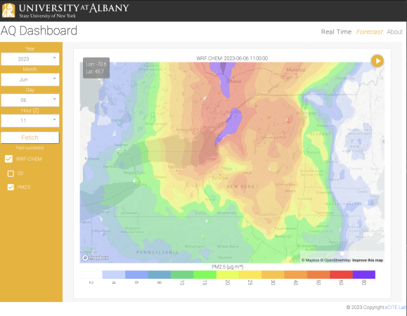 A dashboard built by UAlbany's xCITE lab monitors air quality in New York with different colors based on air pollution levels.