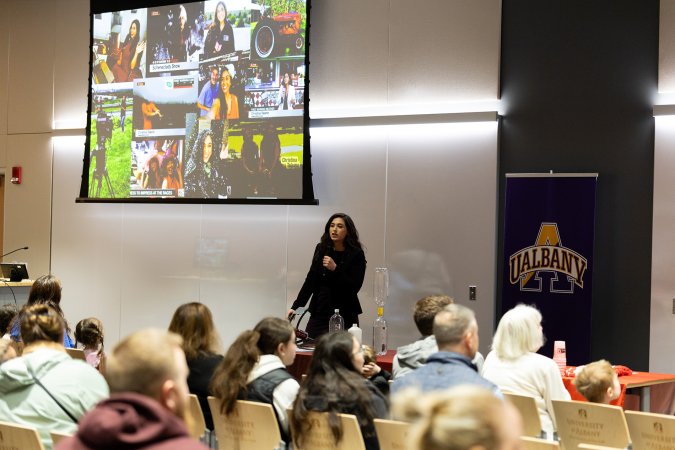 WNYT's Christina Talamo presents in the ETEC shared training room during STEM and Earth Sciences Family Day.