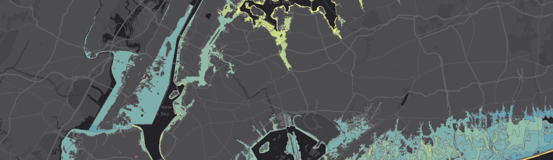 A map of rising sea levels in coastal areas in and around New York City.
