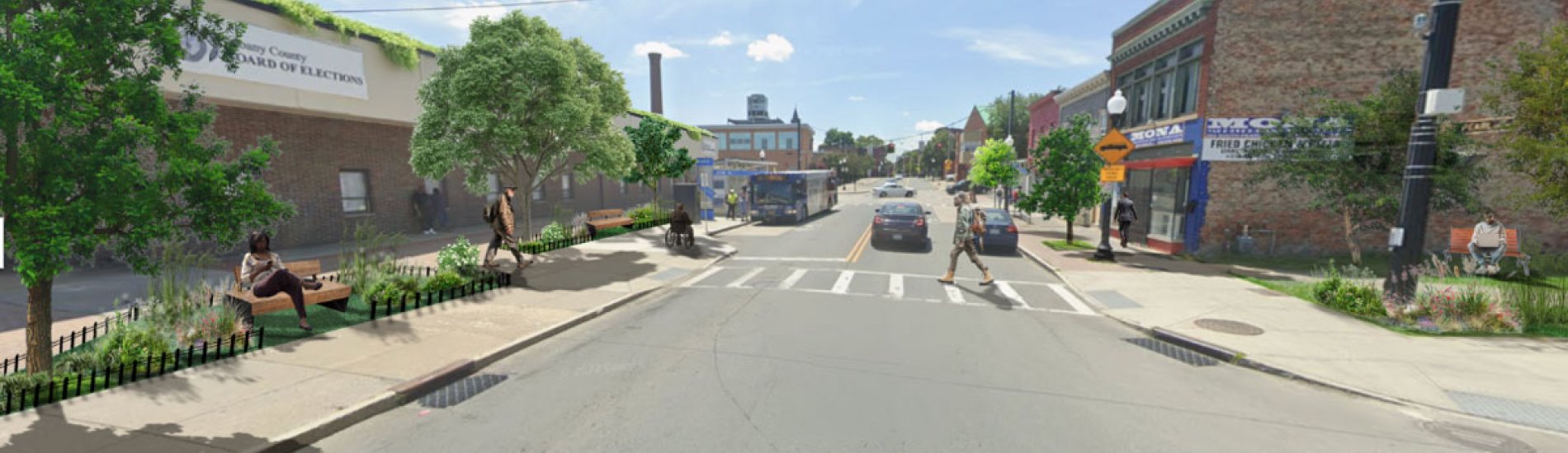 A 2D conceptual rendering of what the corner of Arch Street and South Pearl Street (facing south) could look like if the proposed interventions — including tree planting, a green roof and a pocket park — were implemented.
