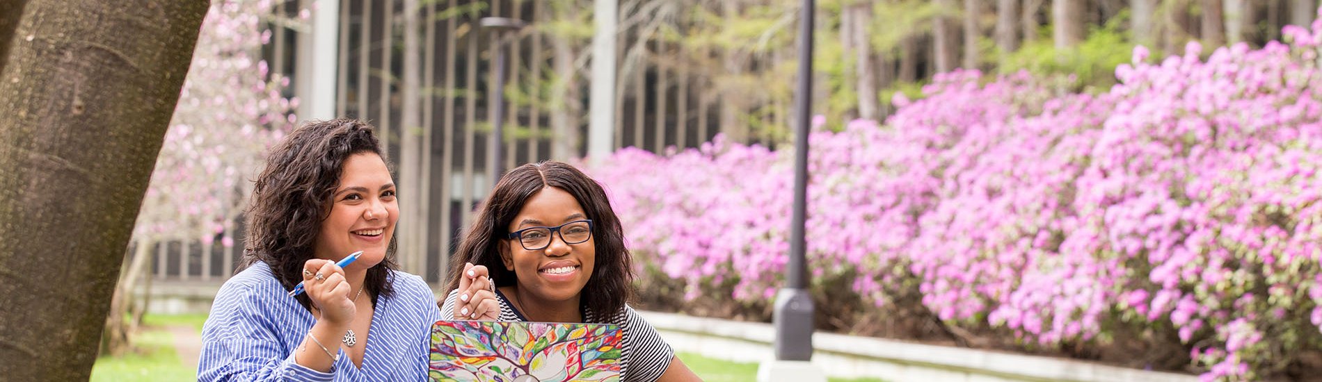 Blooming flowers and students