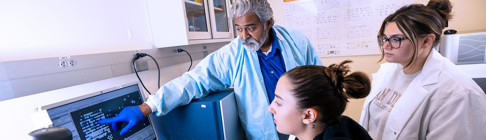 A UAlbany biomedical sciences professor with two students looking at a computer monitor in a lab.