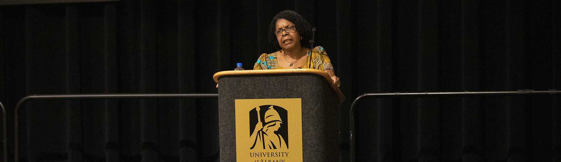 Prof. Marcia Sutherland introduces Poet Nikki Giovanni at a New York State Writers Institute event to celebrate the 50th Anniversary of the Department of Africana Studies at the University at Albany on Thursday, October 10, 2019. (photo by Patrick Dodson)