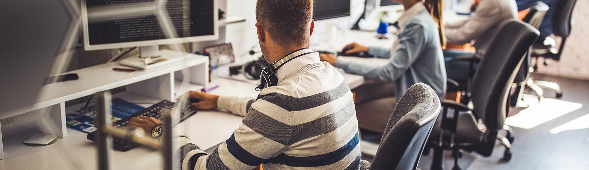 Group of programmers developing new software on desktop PC's in the office