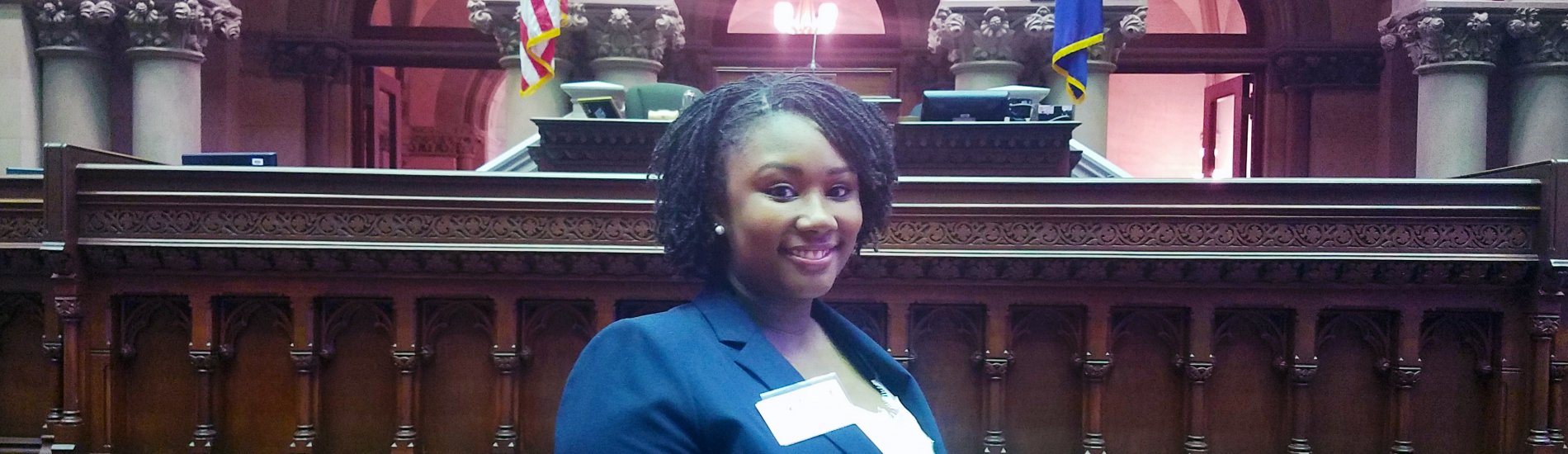 A UAlbany student working as a government intern in the New York State Capitol building.