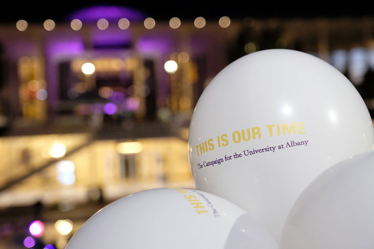 White balloons with This Is Our Time The Campaign for the University at Albany