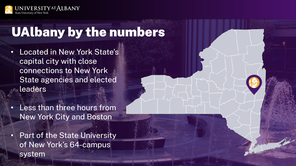 A screenshot from the UAlbany Overview slide deck for UAlbany by the numbers and a map of UAlbany's location in New York State.