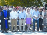 Sheindlin is no stranger to UAlbany: Her son, Putnam County, N.Y., District Attorney Adam Levy ’89, third from left; and stepsons, attorney Gregory Sheindlin ’86, second from right, and physician Jonathan Sheindlin ’89, second from left, are all graduates. Pictured at left is Sorrell Chesin, associate vice president for University Development and longtime chair of the Parents Council, on which both Sheindlin parents served.