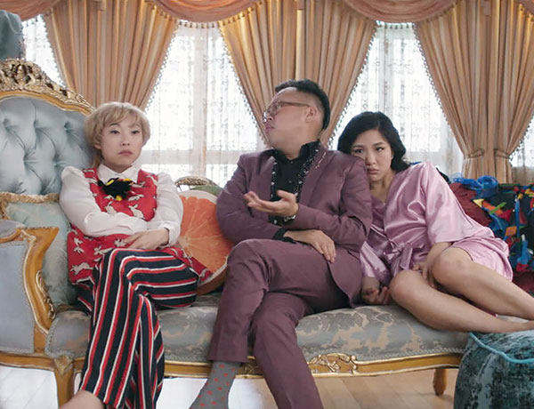 Nora Lum and co-stars Nico Santos and Constance Wu on set of "Crazy Rich Asians"