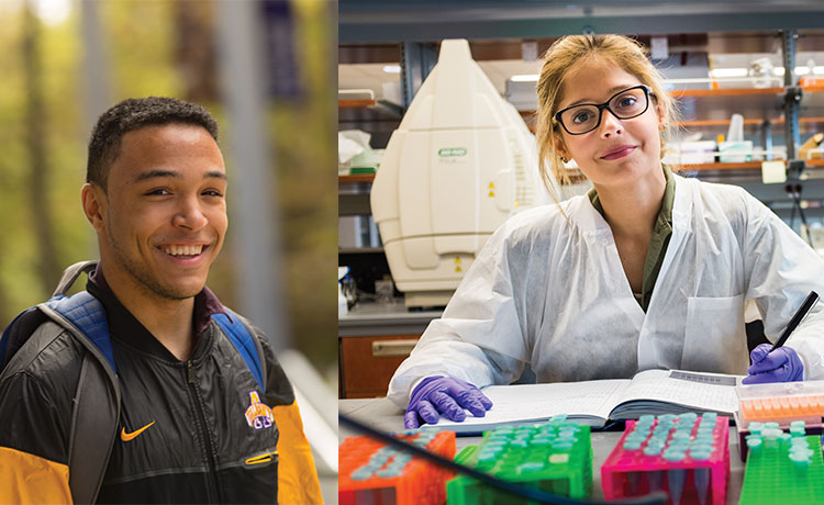 UAlbany student on campus and student researcher in a lab