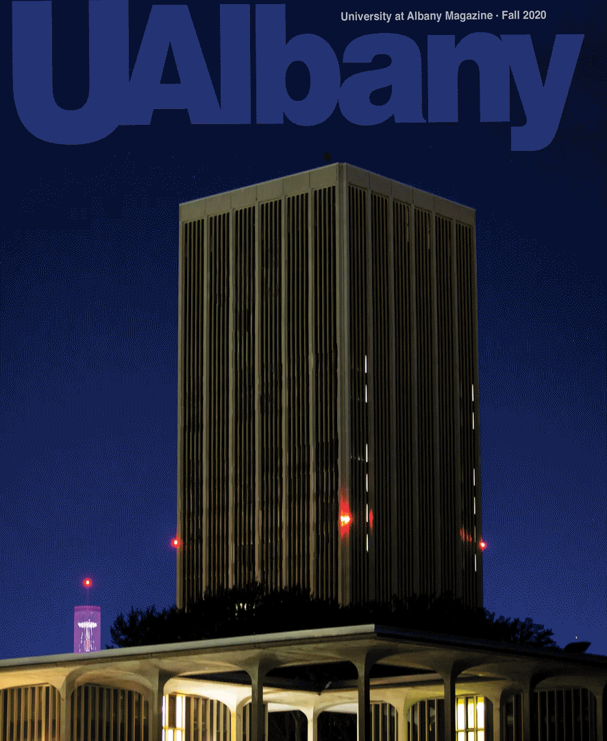 One UAlbany lights up one of the quad towers