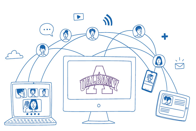 Illustration of networking and a computer screen with the UAlbany logo.