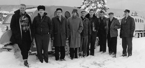Vincent Schaefer, left, and Bernard Vonnegut, third from right, were among a group of Yellowstone Field Research Expedition participants in 1961. Behind the researchers is the Bombardier Snowcat that carried them into Yellowstone for that first expedition, which was originated and led by Schaefer