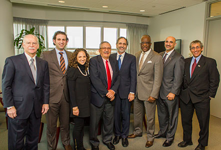 George R. Hearst III, Robert J. Jones, Fardin Sanai and Donald Siegel thank the Massry family for their historic gift to UAlbany