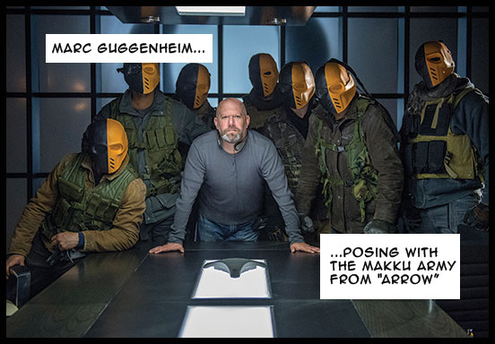 Marc Guggenheim posing with the Makku Army from "Arrow"
