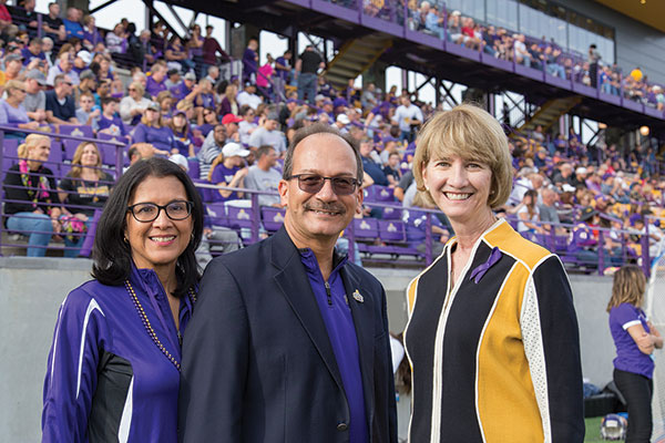 The President and his wife greet SUNY Chancellor Kristina Johnson at Casey Stadium