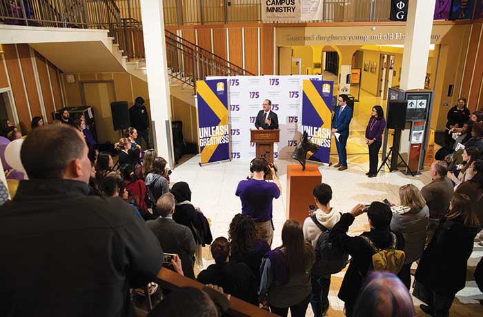 The crowd gathers to listen to a speech from President Rodriguez